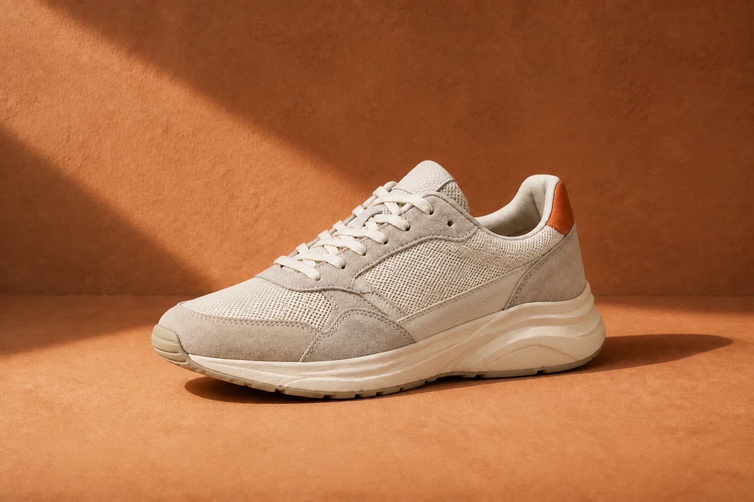 The same ivory running shoe in an AI-edited terracotta set with directional sunlight