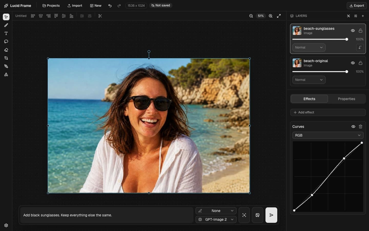 Real LucidFrame editor showing an illustrative AI edit with sunglasses added, both image layers and the editing prompt