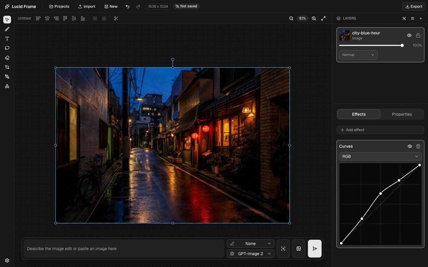 Real LucidFrame workspace with a rainy city photograph, warm shop lights, cool evening shadows and an adjusted RGB curve