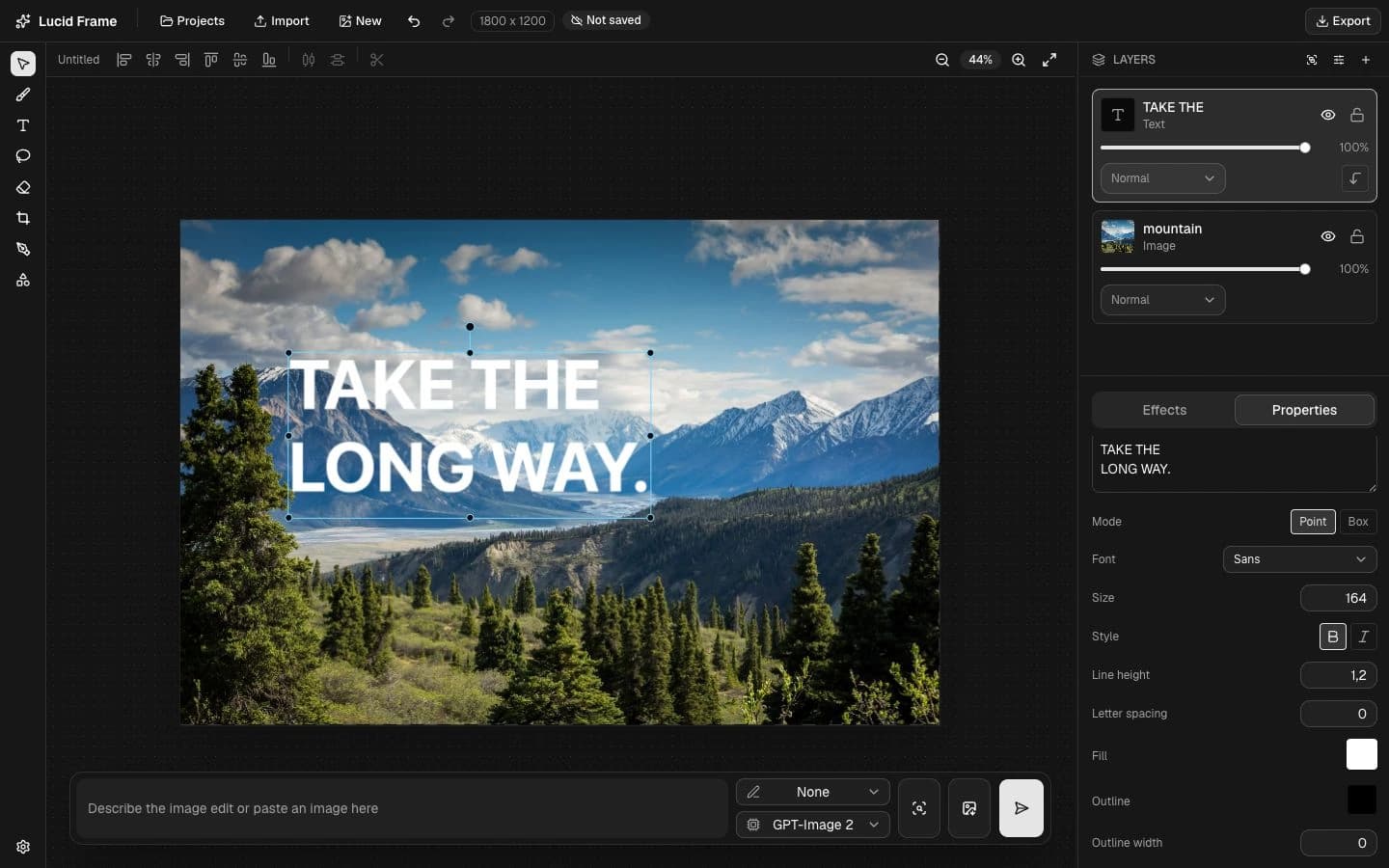 Real LucidFrame editor with a mountain photo, a separate TAKE THE LONG WAY text layer, and typography controls